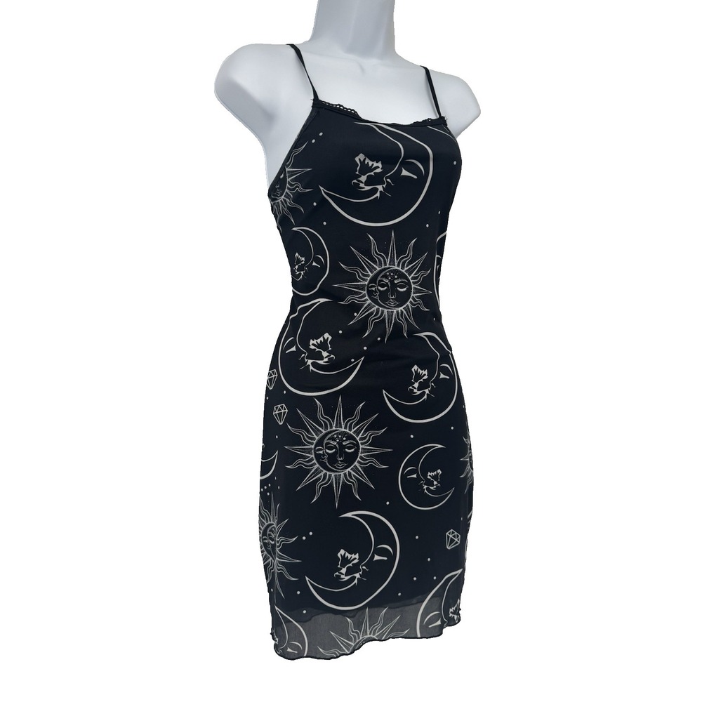 Romwe Black Celestial Sun Moon Mesh Mini Bodycon Dress M Whimsigoth Fairy grunge
